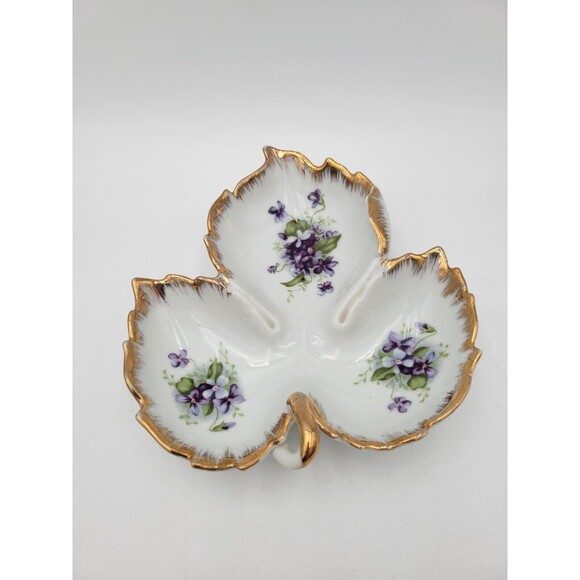 Vintage Kelvin China Leaf Shape Candy Nut Dish Purple Flowers Gold Trim - Picture 1 of 9